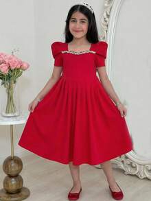 SHEIN Tween Girl Sweetheart Collar Embellished Puff Sleeve Elegant Snug Fit Dress - Black - View 6