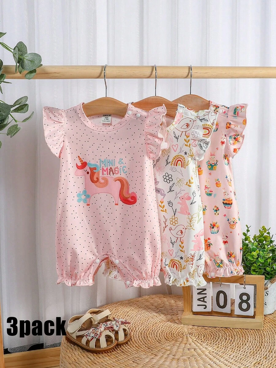 SHEIN Vintaside Kids Set de 3 piezas de enterizos lindos y dulces para bebé niña con estampado de arcoíris, conejo y unicornio, trajes de mejores amigos, verano de ocio y diversión - Multicolor - Ver 1
