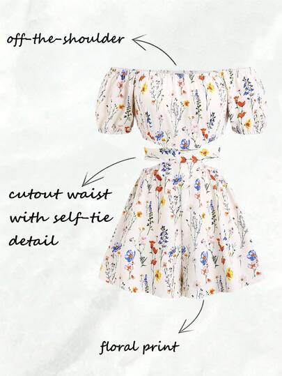 Rafferiza Mono corto con estampado floral, escote hombros descubiertos y cintura elástica con lazo, para mujer, estilo francés