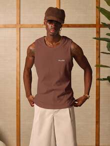 SUMWON 罗纹背心，圆领无袖，饰有品牌标志，夏季休闲必备纯色款 - 巧克力棕 - 查看 5