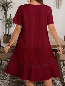 EMERY ROSE Plus Size Women Summer Casual Solid V-Neck Dress - Burgundy - View 3
