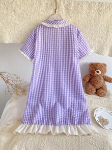 Summer Clothes  Girls' Button Front Floral Patchwork Ruffle Hem Pockets Short Sleeve Casual Dress Lavender Pajama Dress - Purple - View 2