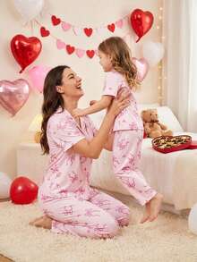 女童休闲甜美风蝴蝶结爱心睡衣套装，浅粉色蝴蝶图案翻领短袖上衣搭配长裤两件套家居服 - 粉色 - 查看 3