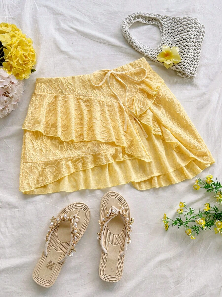 Soleia Women's Elegant Solid Color Jacquard Asymmetric Hem Skirt, Summer - Yellow - View 1