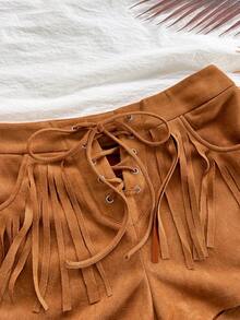 Soleia Spring/Summer New Casual Vacation Western Beach Wedding Guest Attire Graduation Brunch Women's St. Patrick's Day Spring Break Easter Music Festival Elegant Bohemian Tropical Chic Low Waist Khaki Suede Beaded Ladies Shorts - Khaki - View 3