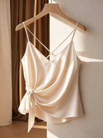 SHEIN Franclia 轻盈奢华香槟色缎面交叉吊带背心：V领扭结下摆+交叉细肩带，丝滑闪亮面料，修身显瘦，适合工作、约会、度假等多种场合，宽松版型修饰身材，可搭配西装外套、牛仔裤、半身裙。