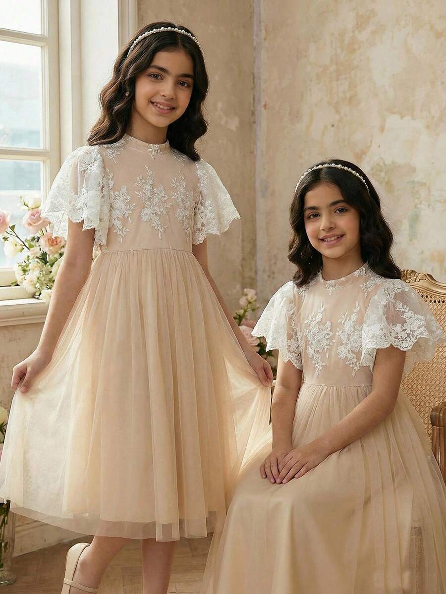SHEIN Tween Girl Elegant Round Neck Ruffle Sleeve Embroidered Floral Pattern Dress - Apricot - View 1