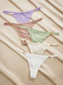 Charlaine 5pcs/Pack Women's Solid Color Metal Ring Waist Low-Rise Thong Panties - Multicolor - View 3