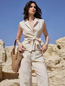 Dazy-Less 春夏优雅无袖外套上衣搭配直筒裤套装，休闲通勤装，复古富贵风格女装 - 白色 - 查看 3