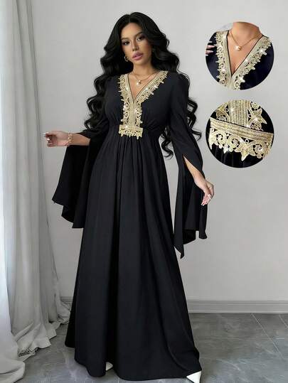 Rafferiza Women's New Arrivals: Spring, Summer, Autumn - Elegant And Glamorous - Birthday Party, Evening Party, Vacation, Everyday Wear - Muslim Style - Black And Gold Style - Black Robe Dress, Gold Robe Dress, Gold Lace Dress, Elegant Long Dress, Day Dress, Long Dress, Festival Wear, Party Wear, Sparkling Dress, Wedding Guest Dress, Elegant Party Dress, Carnival Dress, Summer Dress, Women's Long Summer Dress, Women's Spring Dress