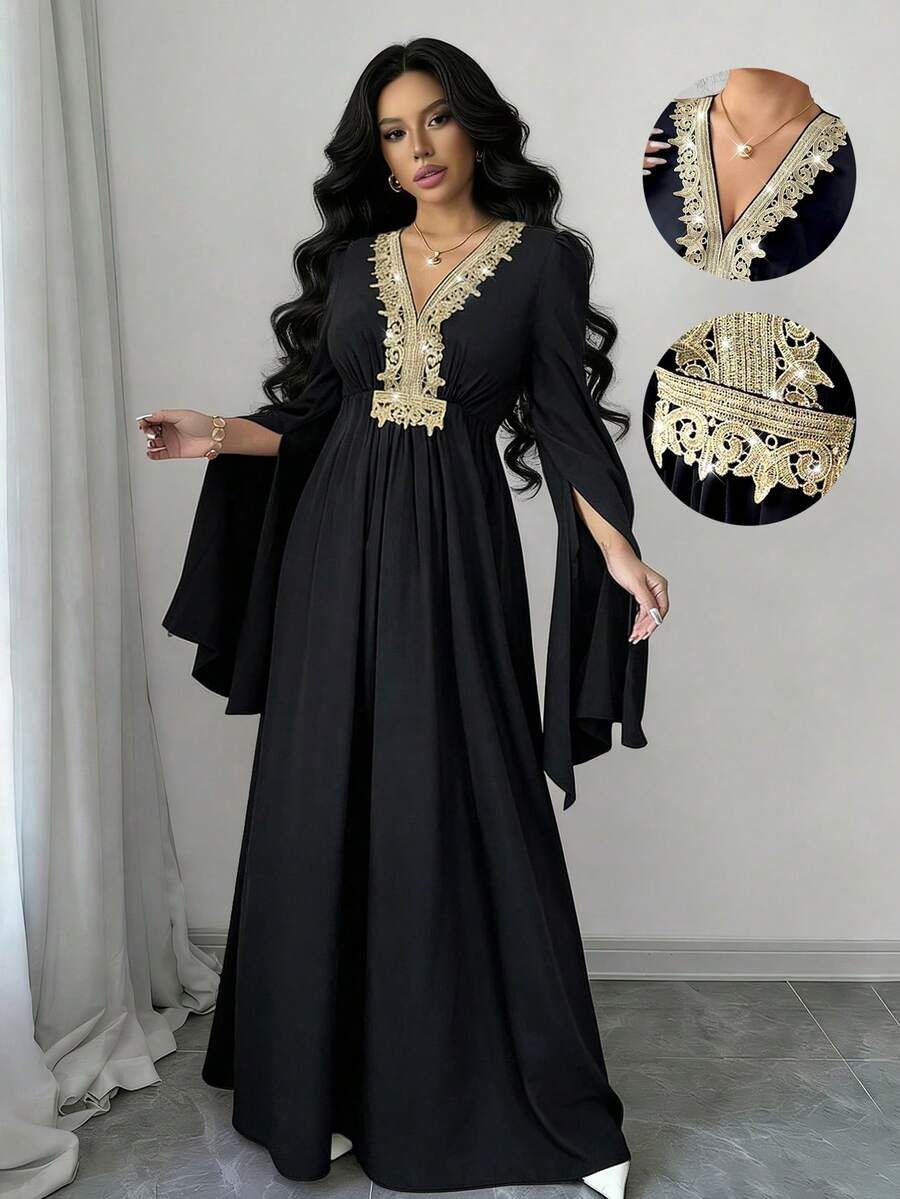 Rafferiza Women's New Arrivals: Spring, Summer, Autumn - Elegant And Glamorous - Birthday Party, Evening Party, Vacation, Everyday Wear - Muslim Style - Black And Gold Style - Black Robe Dress, Gold Robe Dress, Gold Lace Dress, Elegant Long Dress, Day Dress, Long Dress, Festival Wear, Party Wear, Sparkling Dress, Wedding Guest Dress, Elegant Party Dress, Carnival Dress, Summer Dress, Women's Long Summer Dress, Women's Spring Dress - Black - View 1