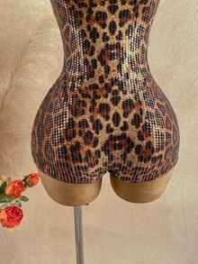 Soleia Mono de mujer con estampado de leopardo, volantes con lentejuelas y recortes calados, sexy - Café integral - Ver 6