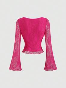 Sweetra Women's Sexy Lace Bowknot Front Square Neck Long Sleeve Top, Casual Y2K  - Hot Pink - View 2