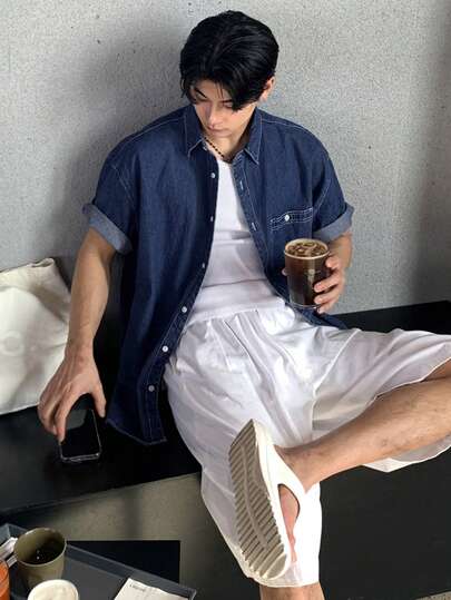 DAZY Men's Solid Blue Washed Denim Shirt, Summer