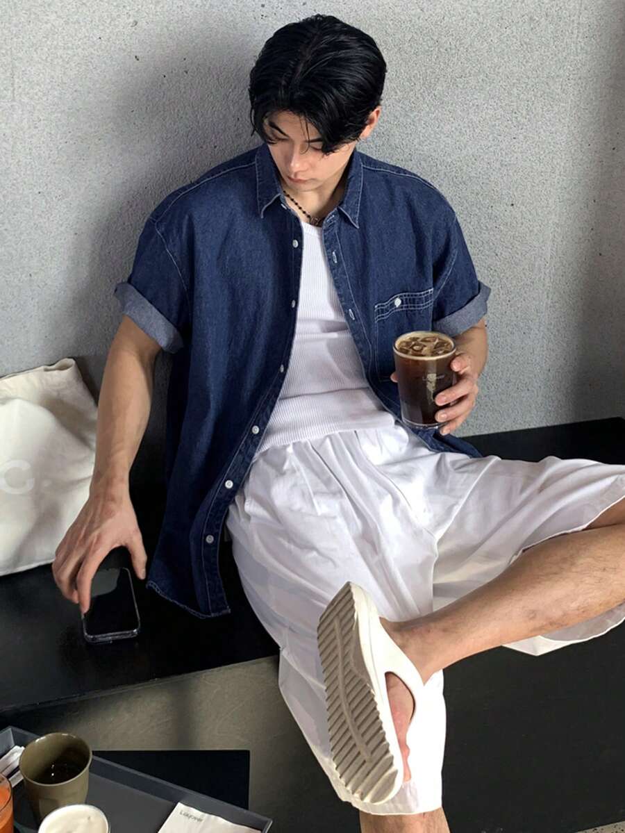 DAZY 男士纯蓝色水洗牛仔衬衫，夏季款 - 藍色 - 查看 1