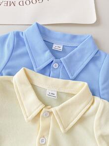 Playful Pals 男婴夏季针织连体衣，纯色短袖半开襟连体衣两件套，适合休闲穿着、居家和户外活动 - 彩色 - 查看 6