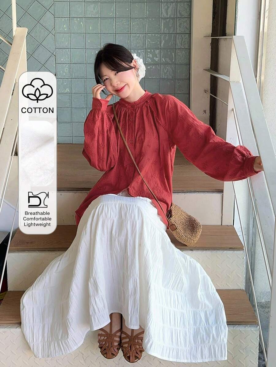 DAZY Bộ đồ mặc nhà 2 mảnh dành cho nữ: áo thun cổ tròn phối ren tương phản màu sắc và chân váy chữ A kiểu Hàn Quốc trẻ trung, năng động. - Đỏ - Xem 1