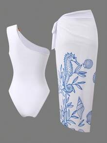 SHEIN Swim Oasis 2026新款女士两件套印花白色连体泳衣和网纱长裙沙滩度假优雅泳装套装 - 藍白色 - 查看 2