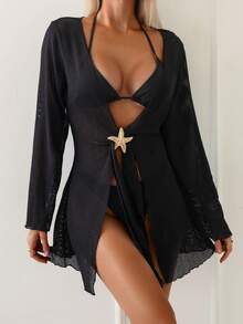 Swim Lushoire Women's Summer Beach Metallic Starfish Button Kimono Cover Up - Black - View 1