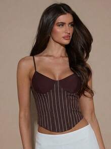 SHEIN BAE 女士无袖条纹弧形下摆修身吊带衫 - 棕色 - 查看 3