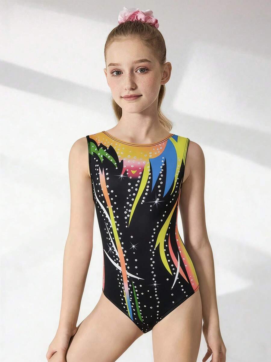 SHEIN 少女印花弹力无袖体操服，多色，适合体操、体育比赛、日常训练，色彩鲜艳，穿着舒适。 - 彩色 - 查看 1