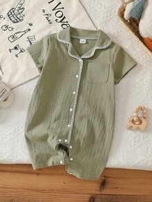Infant/Toddler Boys' Elegant Minimalist Short Sleeve Shorts Set, Soft Washed Textured Fabric, Comfortable & Skin-Friendly, One-Piece Jumpsuit Design Baby Clothes Sage Green Baby Romper Baby Short Sleeved Romper Baby Boy Summer Romper Unisex Baby Clothes - Dark Green - View 4