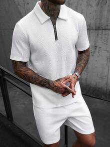 Manfinity CasualCool 男士时尚3D纹理休闲Polo衫套装，Polo衫组合，男士纹理短袖上衣和短裤，INS畅销夏季两件套休闲两件套男士夏季运动服拉链Polo衫两件套夏季套装，男士两件套白色服装，适合周末旅行、户外活动、探险旅行、轻松的工作环境或半正式场合，男友/丈夫礼物，周年纪念/生日礼物，派对暑假假期新年婚礼情人节 - 白色 - 查看 4