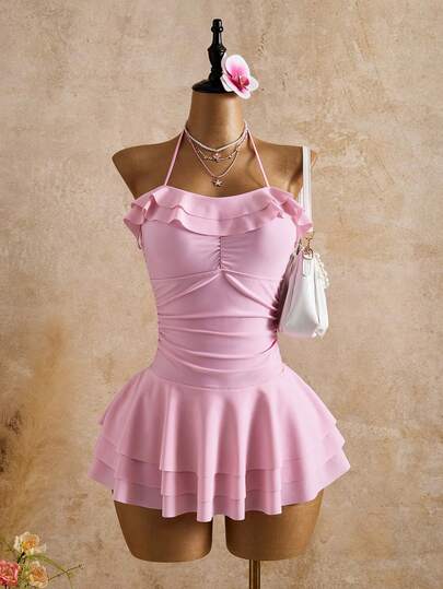 Bellisia 2026SS New Women's Swimwear Arrival For Holiday, Date, Western, Cruise, Beach, Island, Road Trip, All Seasons, Music Festival, Boho Vacation,Bohemian Vacation, Chill Autumn Boho Y2K Pleated Shorts, Elegant Vintage Casual Vintage Elegant Ruffled Pink Swimsuit Dress, Casual Beach Resort Swimwear For Women Cute Pink Dress Pink Club Dress Birthday Dress Sexy Summer Pink Tea Party Dress Pink Corset Dress Dress Bathing Suits Pink Dress Bathing Suit Cute Pink Swimsuit Pink Ruffled Swim Dress Halter Neck Swimwear Pink Layered Swim Skirt Pink Ruffled Swimwear Pink Swim Dress Birthday Dresses For Women Beautiful Dresses For Women Birthday Outfits For Women Women's Summer Outfits Ruffle Trim Dress