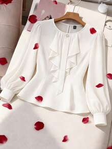 GlowEve CURVE Plus Size Women's Craft Pleated Long Sleeve Elegant Shirt White Elegant Top Elegant Blouses Ruffle Blouse White Blouse Elegant Cream Blouse - White - View 1