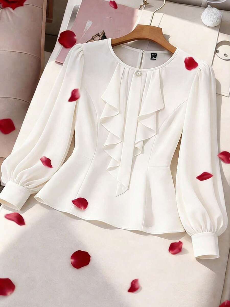 GlowEve CURVE Plus Size Women's Craft Pleated Long Sleeve Elegant Shirt White Elegant Top Elegant Blouses Ruffle Blouse White Blouse Elegant Cream Blouse - White - View 1