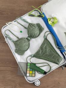 Swim Chiccia Sexy einfarbiger Muschelgitter-Türkis-Accessoire-Stahlband-Bikini-Set für den Sommerurlaub - Grün - Übersicht 4