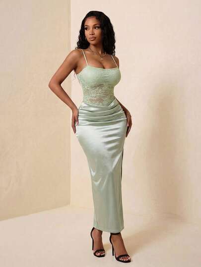 Eryvara Chic Women's Green Midi Dress With Sheer Details Spaghetti Strap Neckline And Slit Elegant Sleeveless Style
