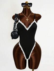 Mistrie Women's Lace Trim Fitted Bodysuit - Black - View 1