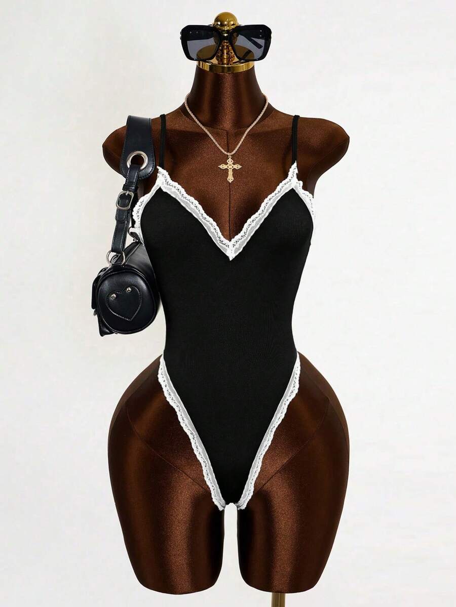 Mistrie Women's Lace Trim Fitted Bodysuit - Black - View 1