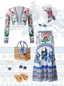 Swim Chiccia 2026 New Women's Summer Beach Vacation Elegant Long Sleeve T-Shirt With Drawstring Ruched Floral Print Skirt Loose Coverup 2-Piece Set - Multicolor - View 9