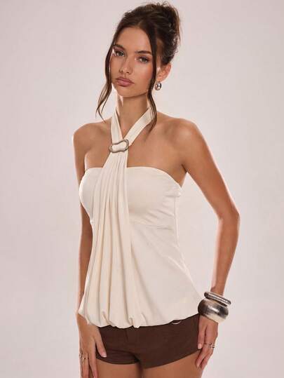 Avenya 金属扣装饰休闲垂褶领衬衫