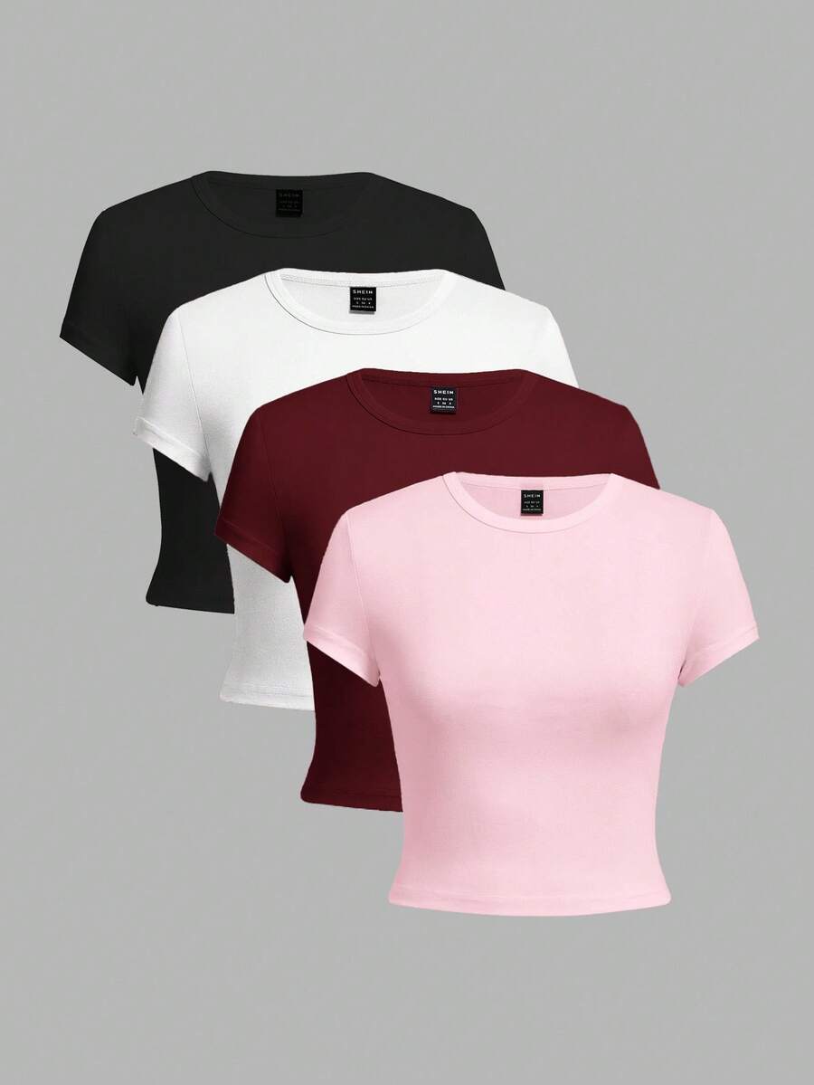 SHEIN EZwear 4pcs/Set Casual Solid Color Versatile Round Neck Short Sleeve Fitted Women T-Shirts, Suitable For Summer,Summer Top - Multicolor - View 1