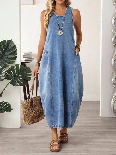 EMERY ROSE Plus Size Sleeveless Casual Denim Dress