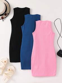 SHEIN 3件套少女纯色针织圆领无袖休闲连衣裙套装 - 彩色 - 查看 2