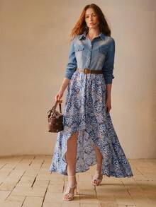 MOTF PREMIUM WOMEN'S ELEGANT PATCHWORK PRINT ASYMMETRICAL HEM DENIM DRESS WITH BELT - Baby Blue - View 4