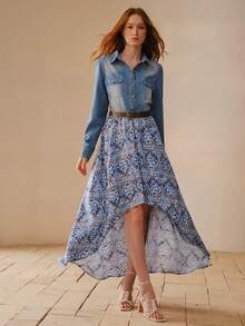 MOTF PREMIUM WOMEN'S ELEGANT PATCHWORK PRINT ASYMMETRICAL HEM DENIM DRESS WITH BELT - Baby Blue - View 6