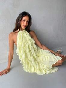 Aloruh 浅黄色荷叶边浪漫无袖不对称中长连衣裙，度假连衣裙 - 淡黃色 - 查看 5