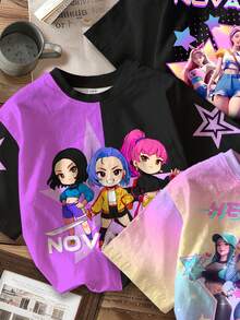 SHEIN 3pcs/Set Young Girl Casual Colorblock K-Pop Cartoon Girl Print Loose Fit Round Neck Short Sleeve T-Shirt, Suitable For Summer, Back To School - Multicolor - View 7