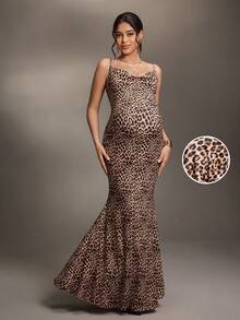 Cheriluna Maternity Leopard Print Sleeveless Dress With Fish Tail Hem, Maternity Photoshoot - Multicolor - View 3