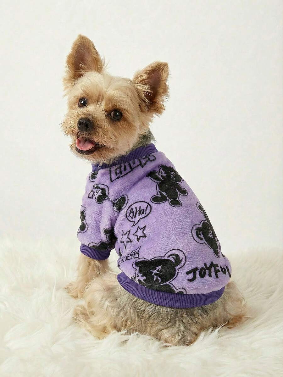 PETSIN 1 Pc Pet Cat/Dog Fleece Purple Black Bear Graphic Warm Crew Neck - Multicolor - View 1