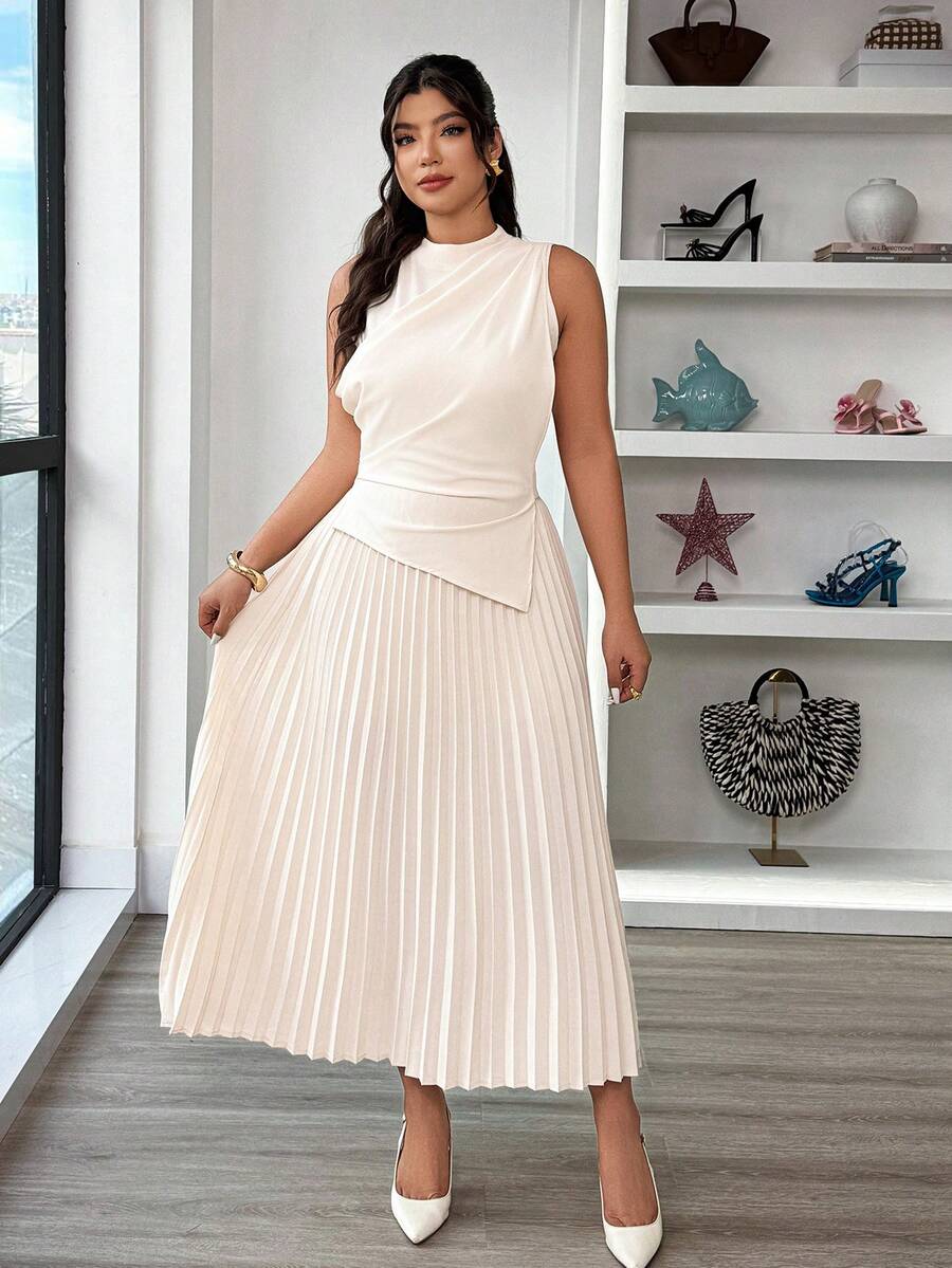 Elenzga 女士优雅荷叶边无袖A字连衣裙/伞裙/返校季/学生装/派对/老钱风/外出装/派对装/办公室装/仿杏色半身裙 - 杏色 - 查看 1