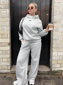 Bethéva 女士秋冬休闲宽松保暖连帽衫和运动裤套装 - 灰色 - 查看 5