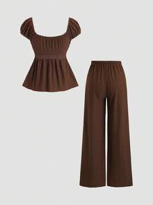 Sweetra 2pcs/Set Casual Cute Textured Hollow-Out Lace-Up T-Shirt And Wide Leg Pants Set, Brown For Women - Brown - View 2