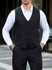 Manfinity Bizformal Bộ vest và quần dài màu trơn, chất liệu vải dệt họa tiết, phù hợp cho công sở, vest nam trang trọng, quà tặng cho bạn trai/chồng, quà kỷ niệm, bộ vest 3 mảnh nam, trang phục dự tiệc nam, trang phục trang trọng thanh lịch nam, trang phục không tay nam, trang phục dự tiệc cho nam giới giàu có, trang phục hàng ngày, du lịch cuối tuần, hoạt động ngoài trời, du lịch thám hiểm, môi trường làm việc thoải mái hoặc các dịp bán trang trọng, quà tặng cho bạn trai/chồng, quà kỷ niệm/sinh nhật, tiệc tùng, kỳ nghỉ hè, lễ hội, năm mới, đám cưới, ngày Valentine. - màu đen - Xem 3