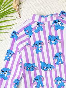 Young Girl Striped Cartoon Print Long Sleeve One-Piece Swimsuit, Summer Beach Vacation - Purple - View 5